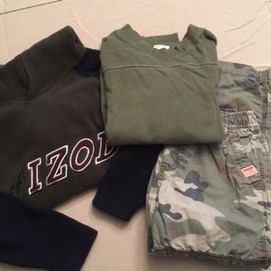 3 Piece Lot Boys 5, 6 Camo pants, Top, Sweatshirt